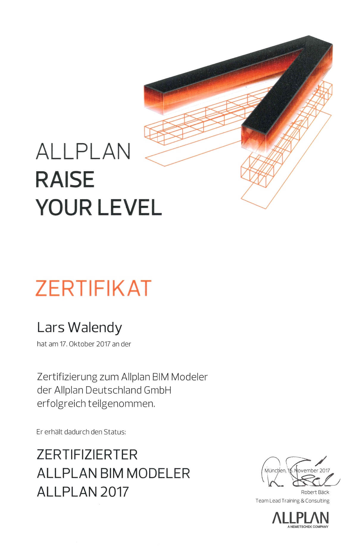 Lars Walendy ist zertifizierter BIM MODELER Zertifikat zum Allplan BIM MODELER