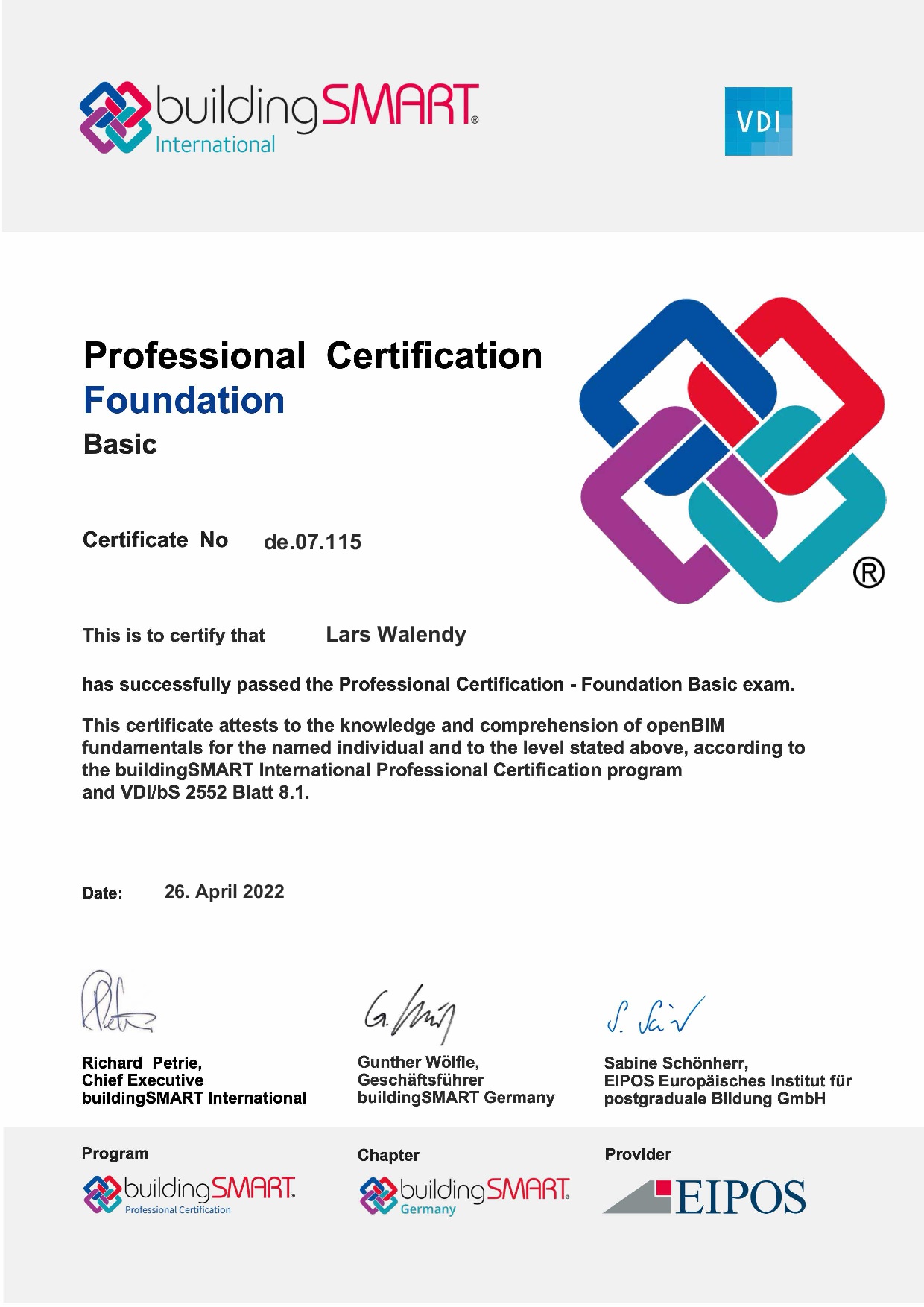 Lars Walendy ist gelistet bei buildingSMART Zertifikat buildingSMART